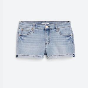 Molly Mid Rose Boyfriend short with fray roll hem.